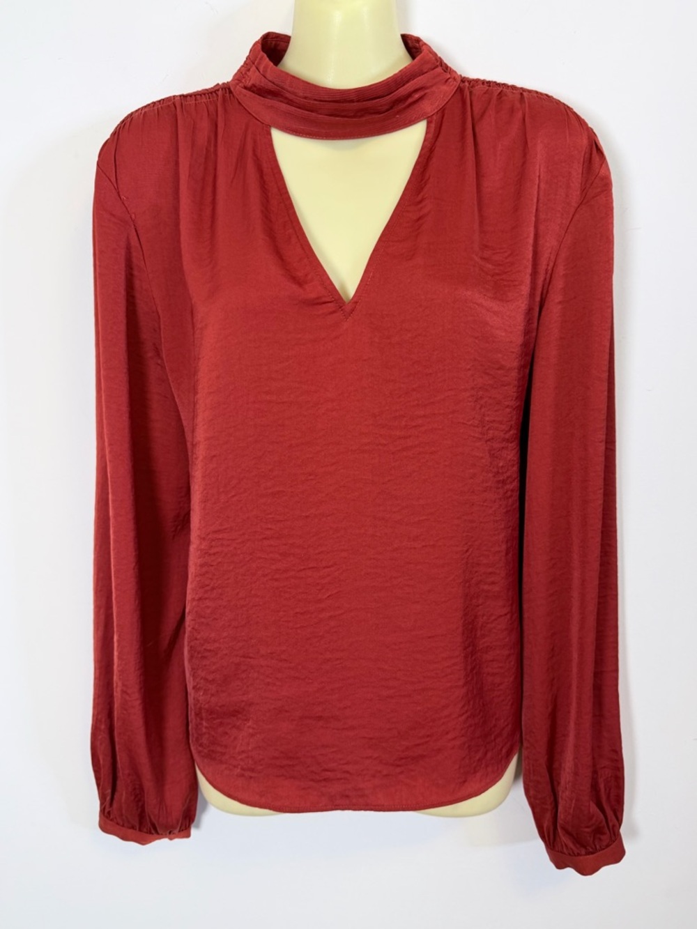 1.State Silky Red Mock-Neck Keyhole Blouse
